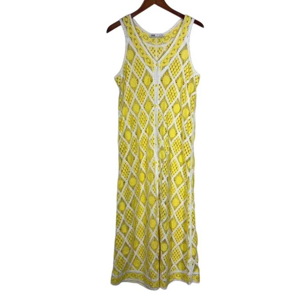 Zara Limited Edition Sleeveless Crochet Knit Button Up Dress L Yellow Blogger